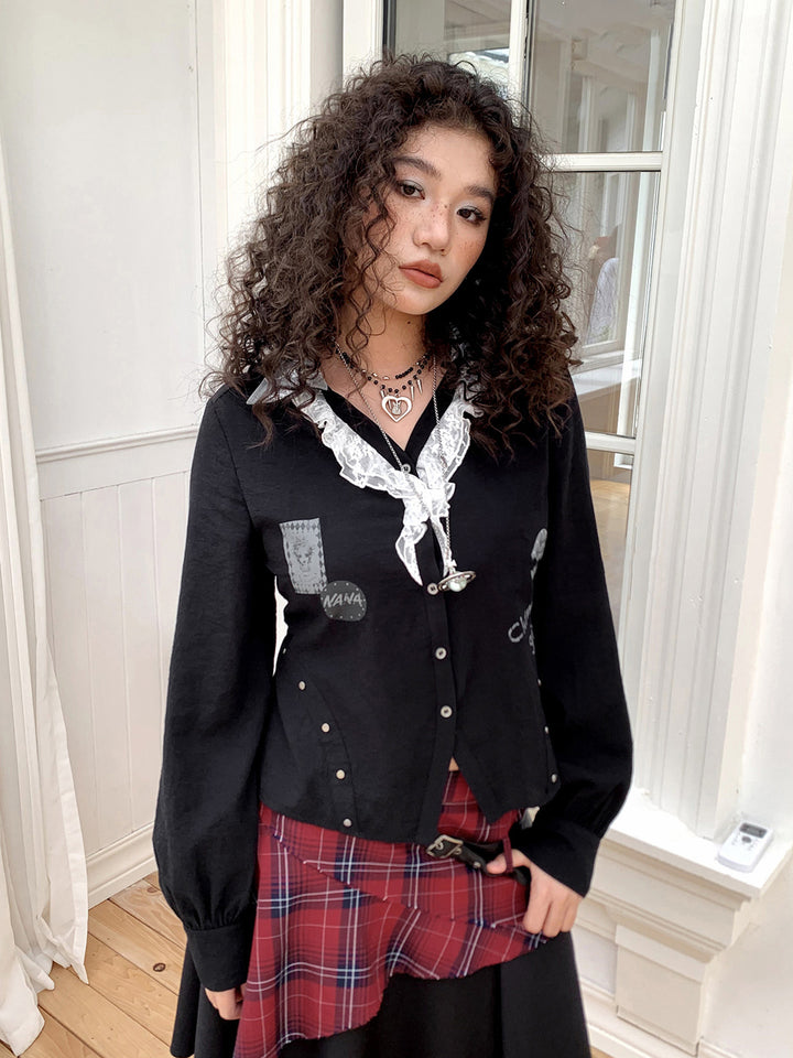 Punk Graphic Lace Ruffle Button-Up Blouse