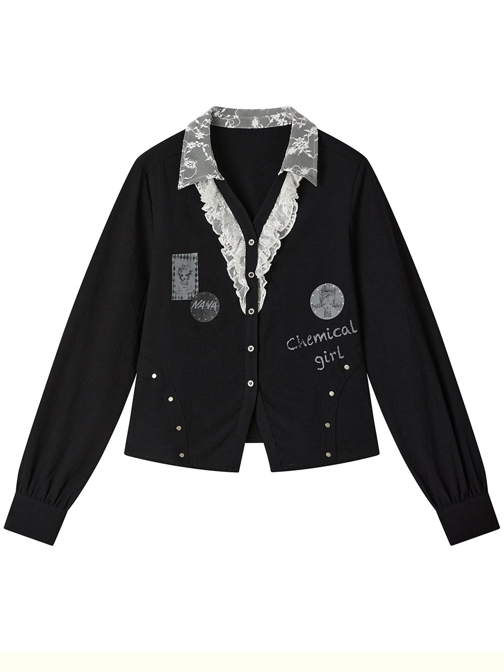 Punk Graphic Lace Ruffle Button-Up Blouse