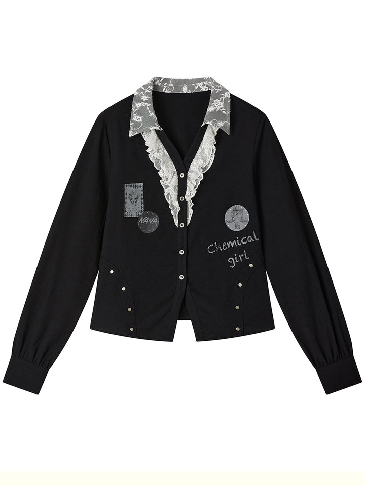 Punk Graphic Lace Ruffle Button-Up Blouse