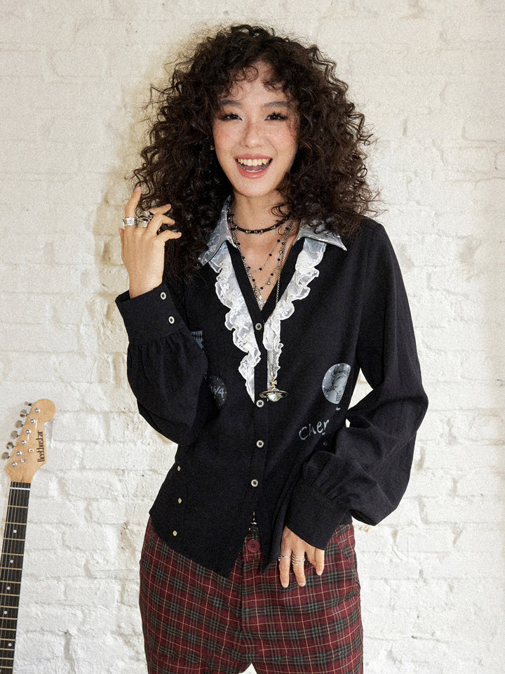 Punk Graphic Lace Ruffle Button-Up Blouse