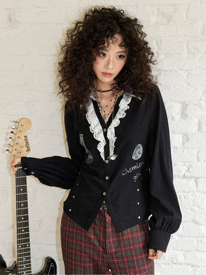 Punk Graphic Lace Ruffle Button-Up Blouse