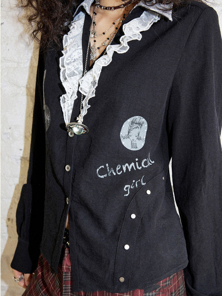Punk Graphic Lace Ruffle Button-Up Blouse