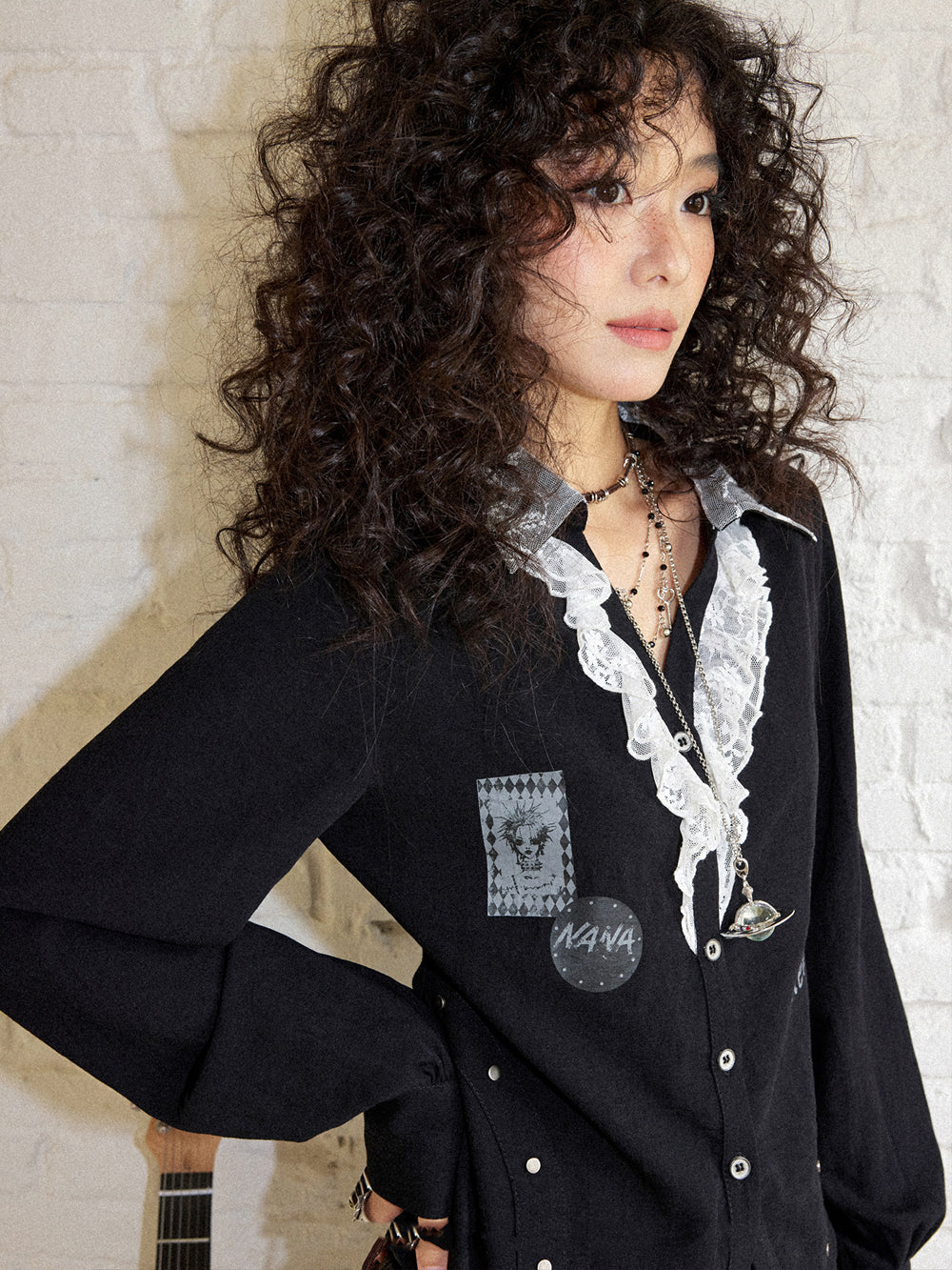 Punk Graphic Lace Ruffle Button-Up Blouse