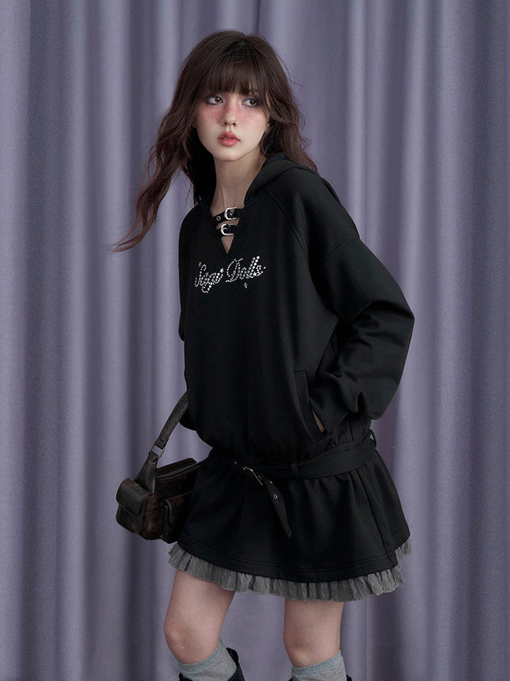 Belted Hooded Ruffle Mini Dress