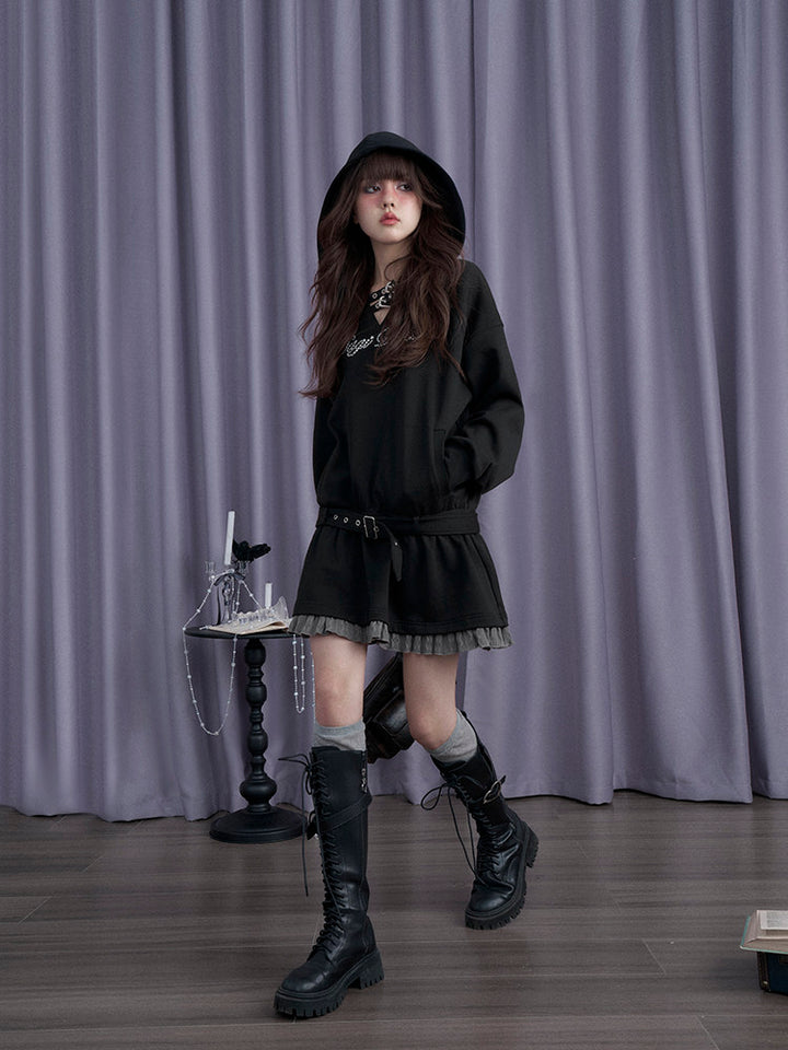 Belted Hooded Ruffle Mini Dress