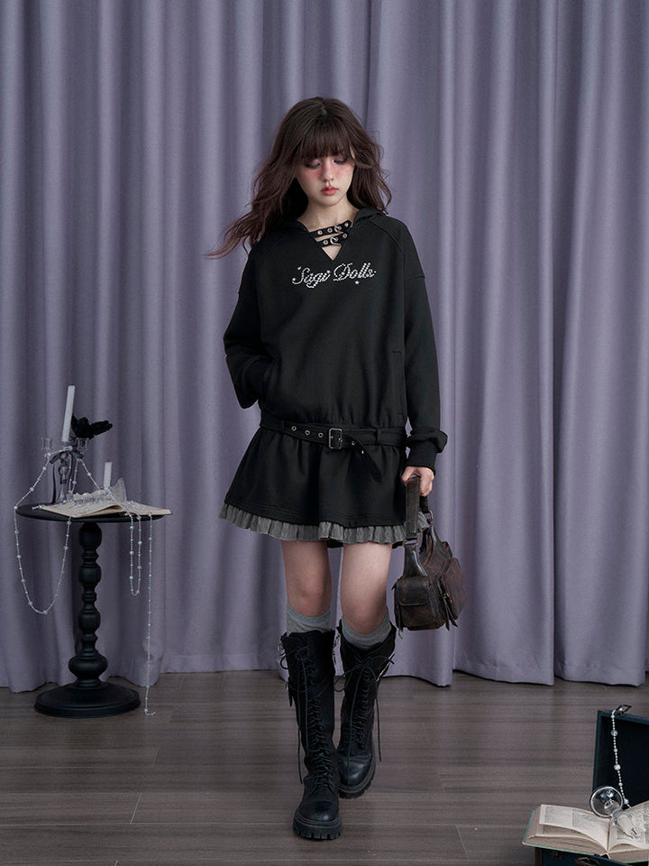 Belted Hooded Ruffle Mini Dress