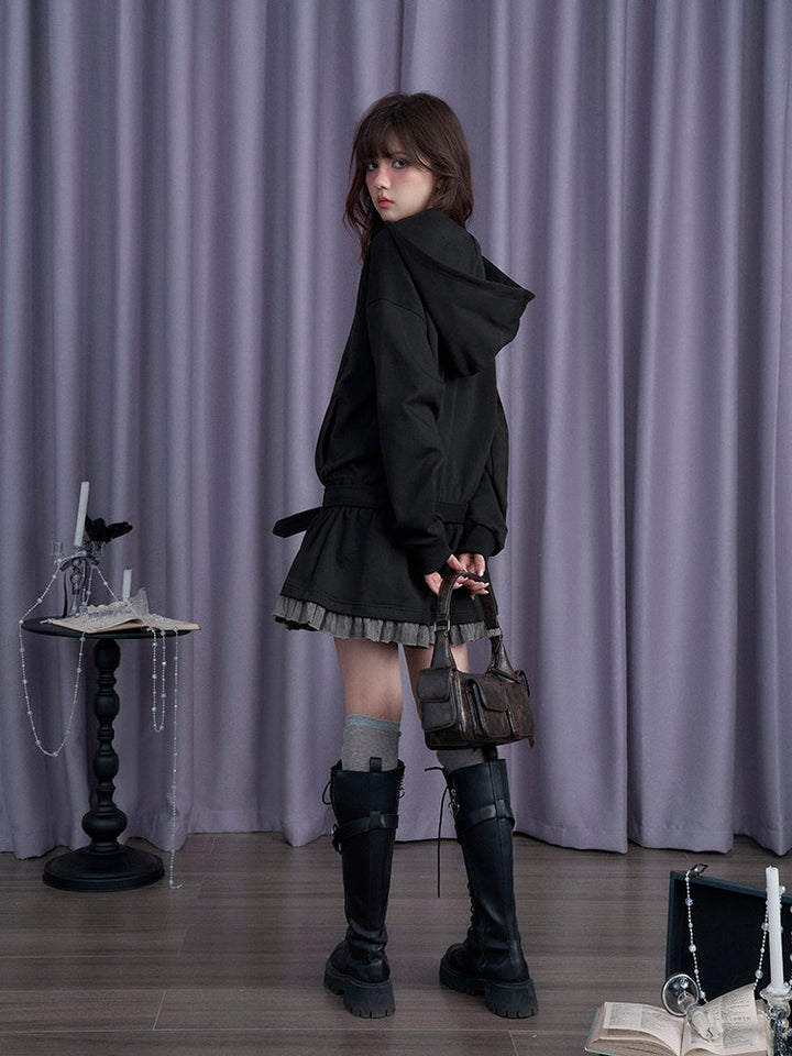 Belted Hooded Ruffle Mini Dress