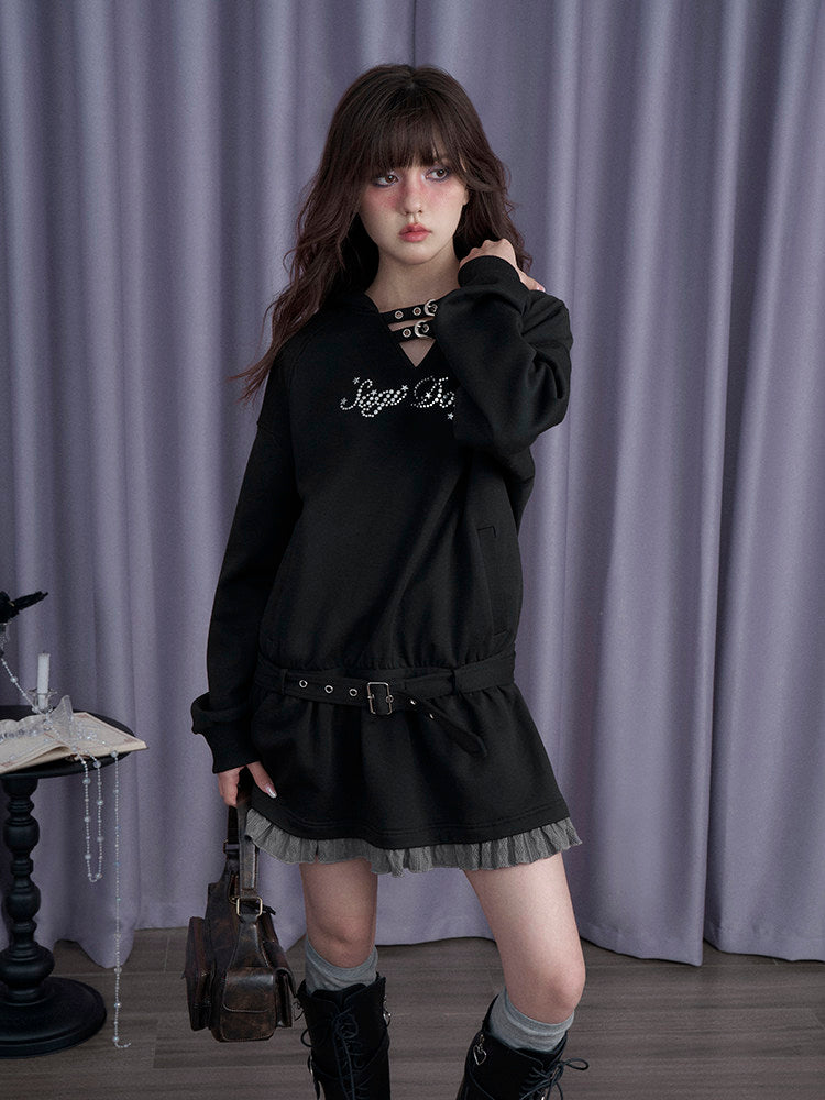 Belted Hooded Ruffle Mini Dress