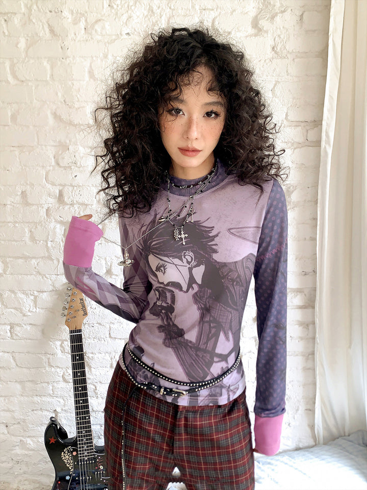 Punk Rock Manga Graphic Long Sleeve Top