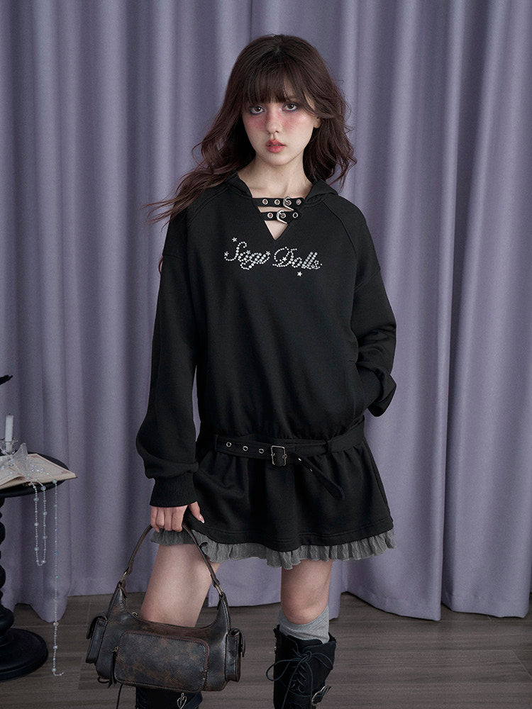 Belted Hooded Ruffle Mini Dress