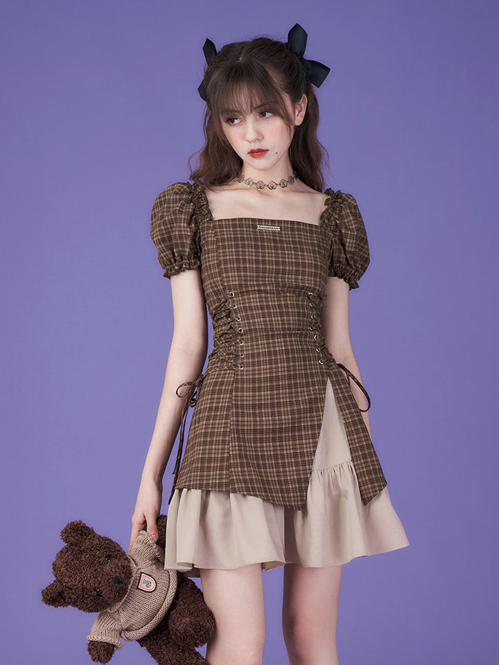 Brown Plaid Puff Sleeve Lace-Up Mini Dress