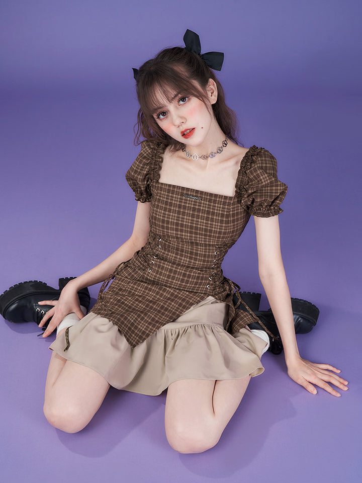 Brown Plaid Puff Sleeve Lace-Up Mini Dress