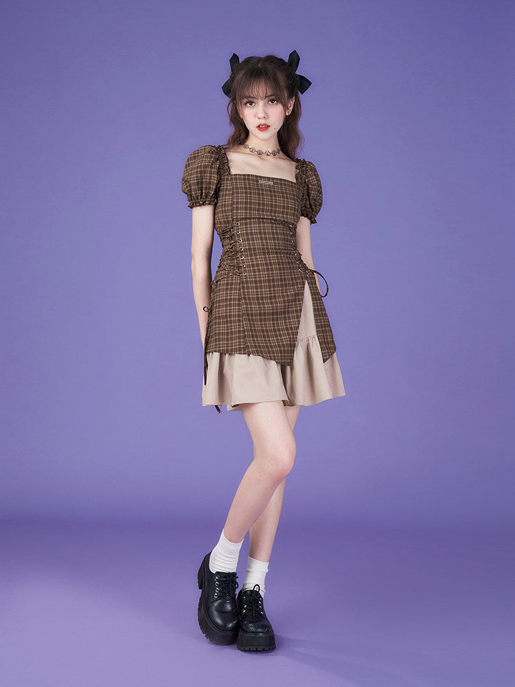 Brown Plaid Puff Sleeve Lace-Up Mini Dress