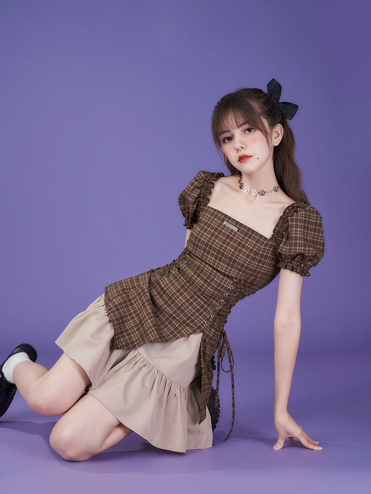 Brown Plaid Puff Sleeve Lace-Up Mini Dress