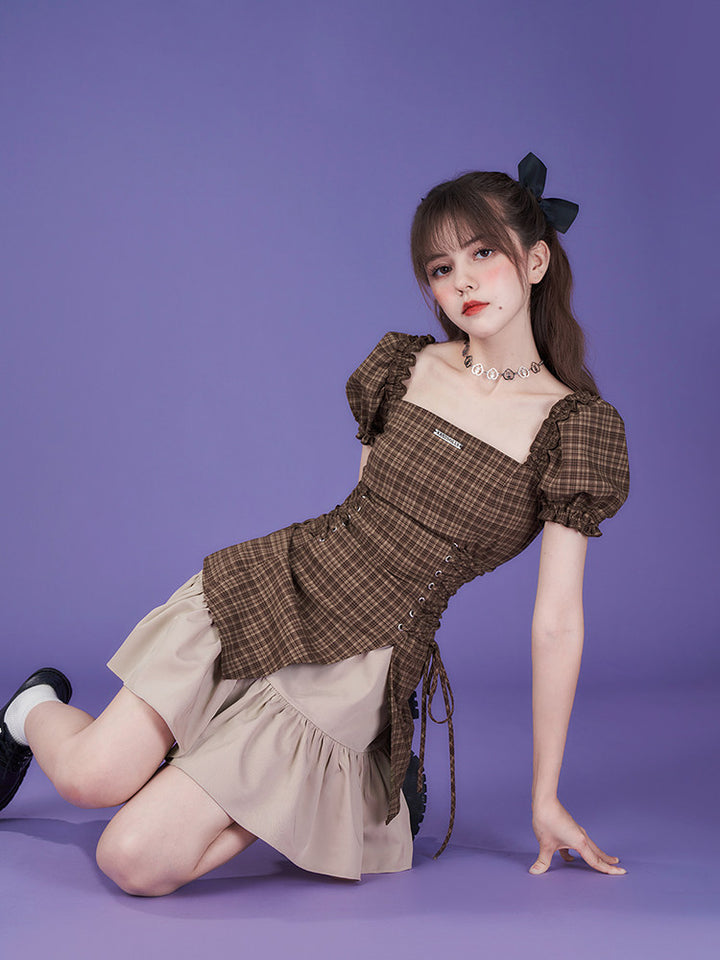 Brown Plaid Puff Sleeve Lace-Up Mini Dress