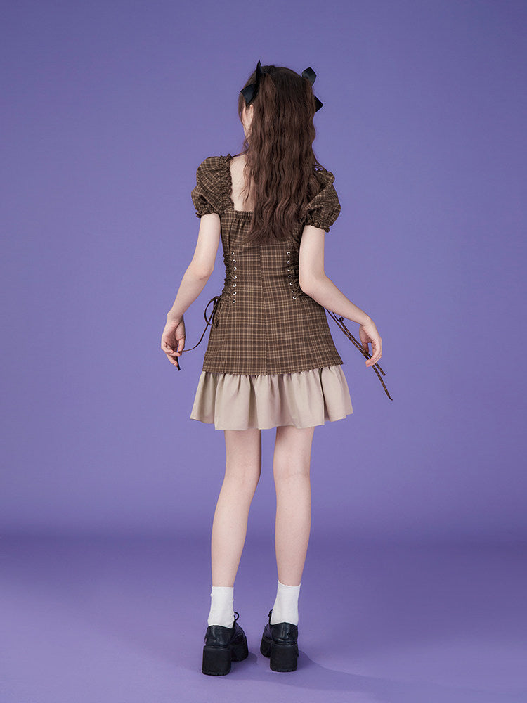 Brown Plaid Puff Sleeve Lace-Up Mini Dress