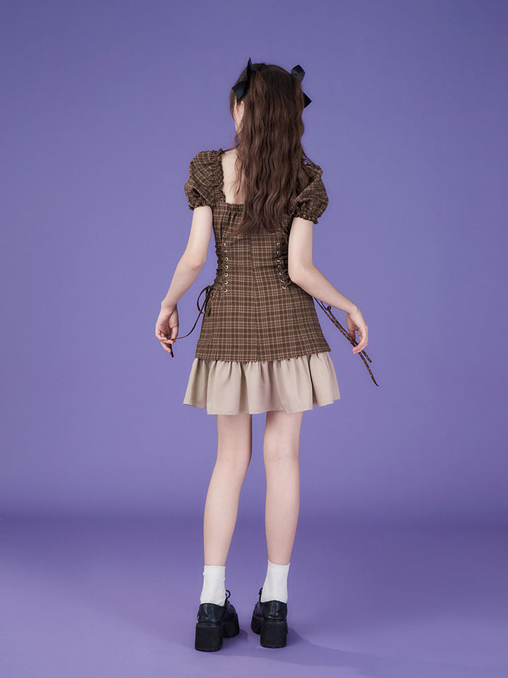 Brown Plaid Puff Sleeve Lace-Up Mini Dress