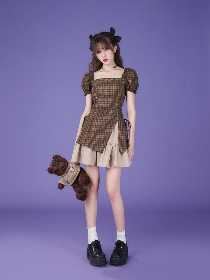 Brown Plaid Puff Sleeve Lace-Up Mini Dress
