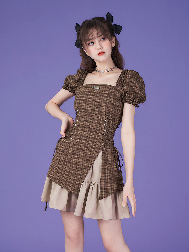 Brown Plaid Puff Sleeve Lace-Up Mini Dress
