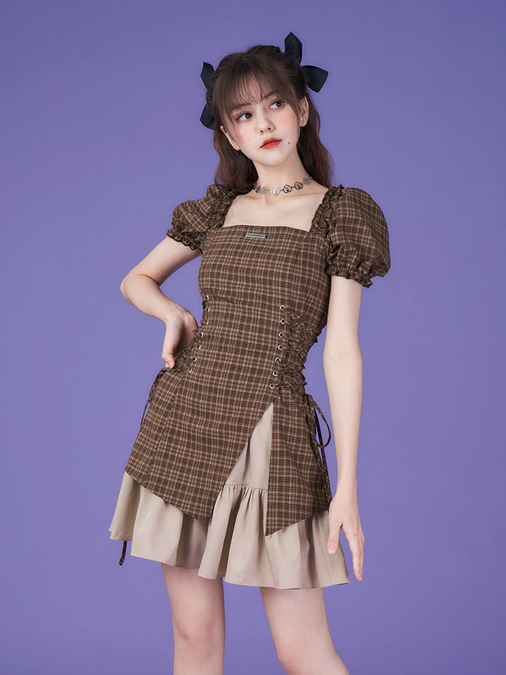 Brown Plaid Puff Sleeve Lace-Up Mini Dress