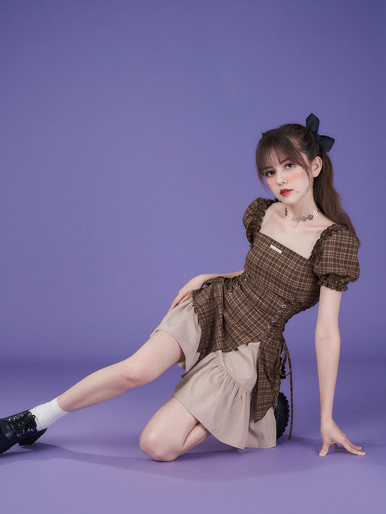 Brown Plaid Puff Sleeve Lace-Up Mini Dress