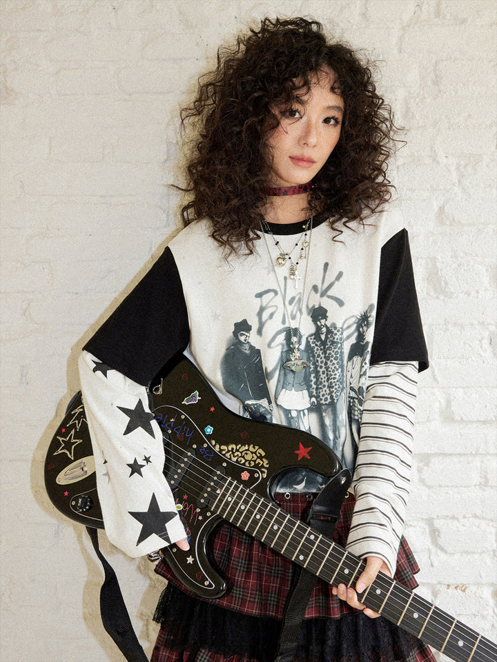 Punk Rock Manga Layered Sleeve Graphic Top