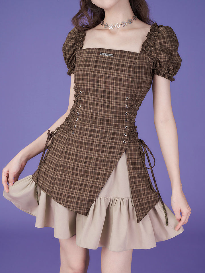Brown Plaid Puff Sleeve Lace-Up Mini Dress