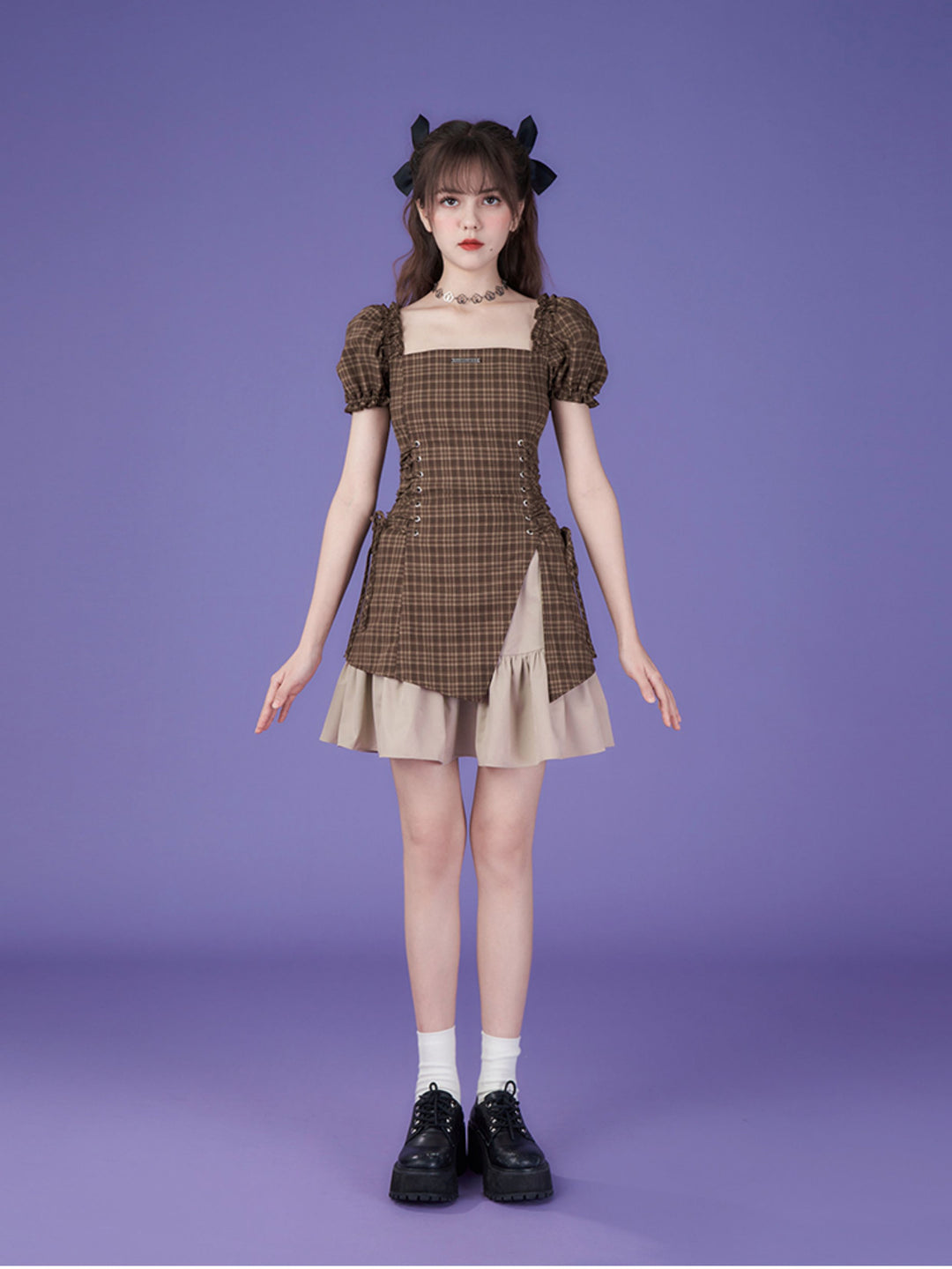 Brown Plaid Puff Sleeve Lace-Up Mini Dress