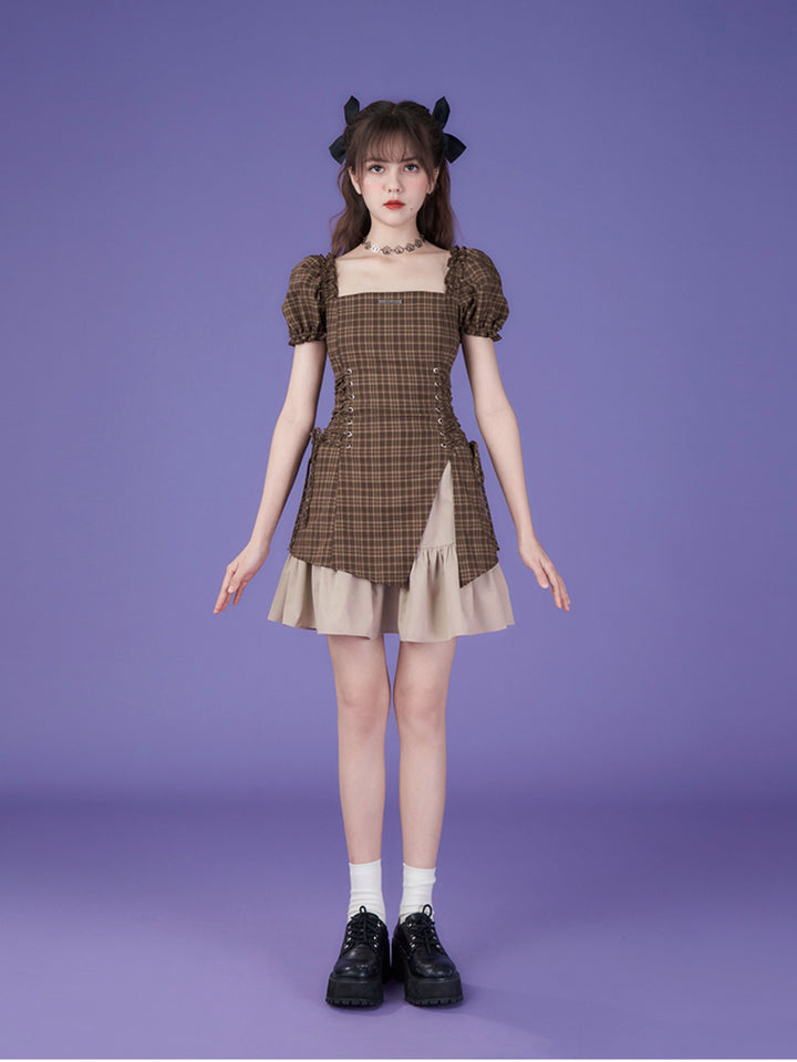 Brown Plaid Puff Sleeve Lace-Up Mini Dress