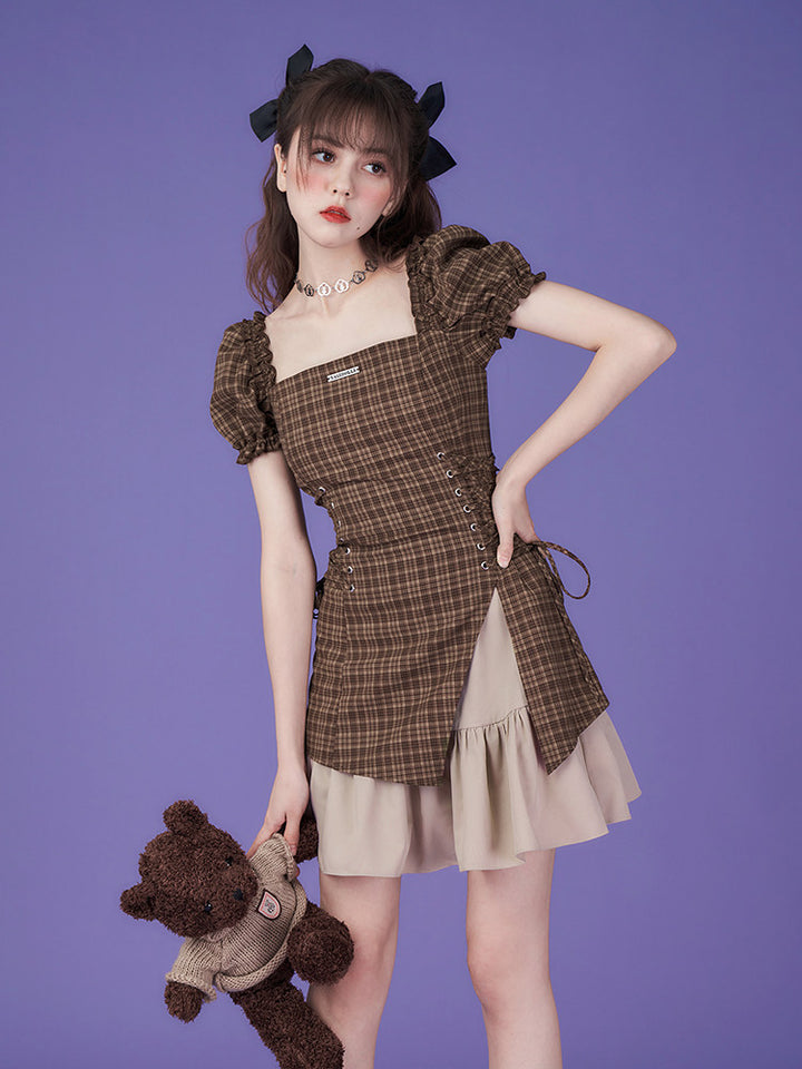 Brown Plaid Puff Sleeve Lace-Up Mini Dress