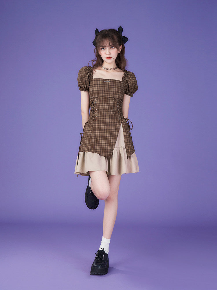 Brown Plaid Puff Sleeve Lace-Up Mini Dress