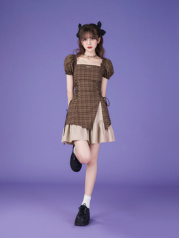 Brown Plaid Puff Sleeve Lace-Up Mini Dress
