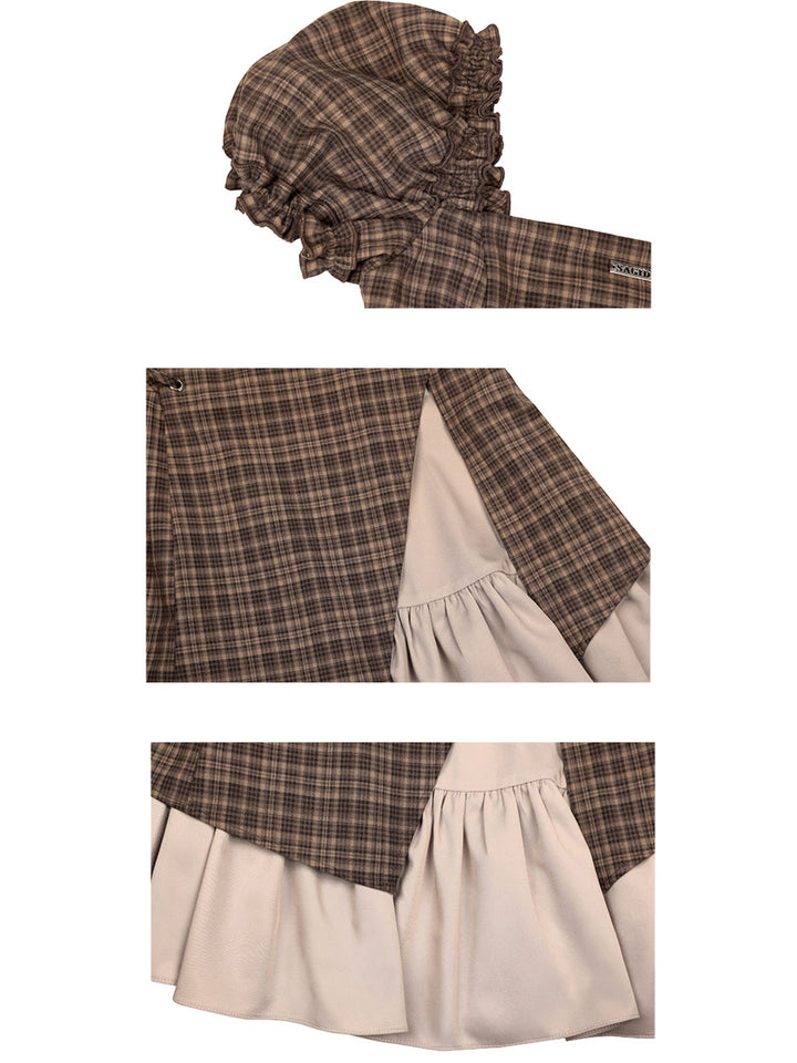 Brown Plaid Puff Sleeve Lace-Up Mini Dress
