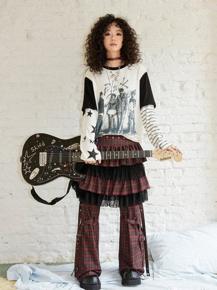Punk Rock Manga Layered Sleeve Graphic Top