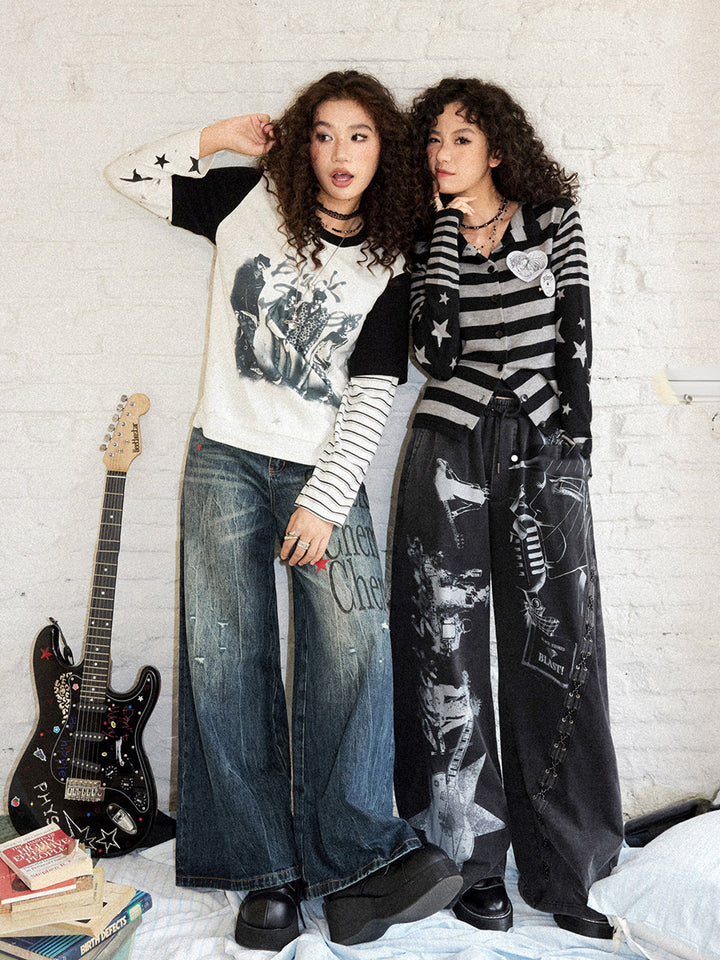 Punk Rock Manga Layered Sleeve Graphic Top