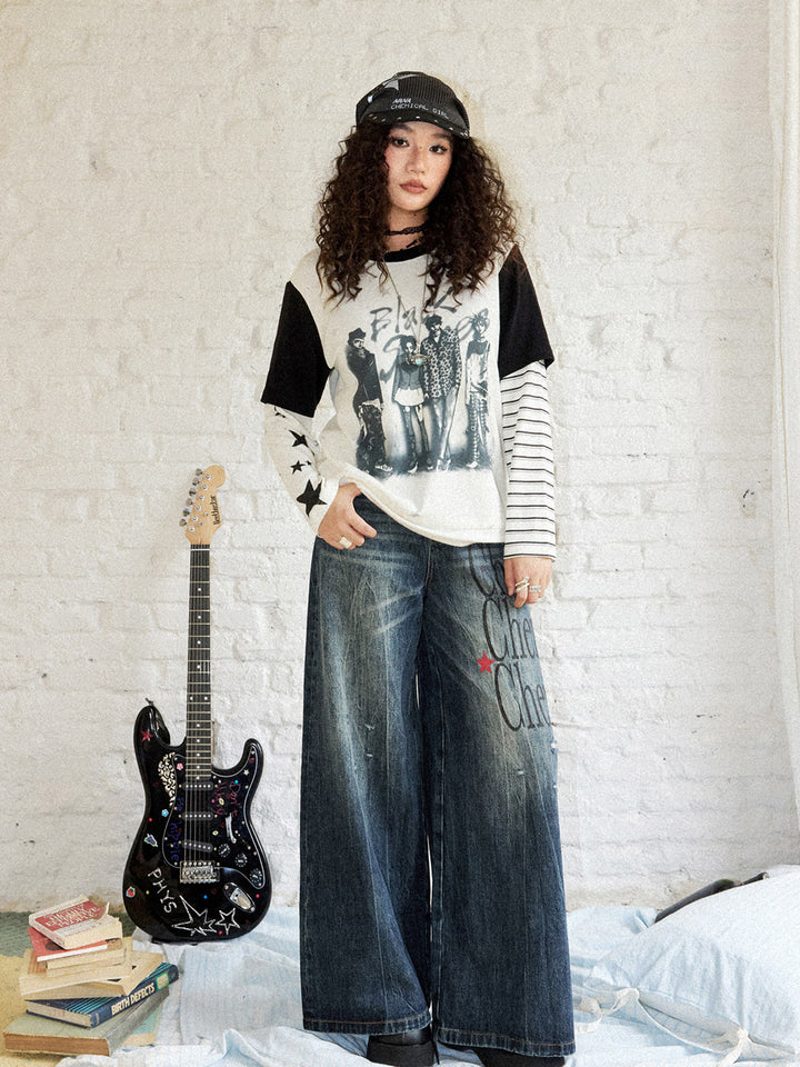 Punk Rock Manga Layered Sleeve Graphic Top