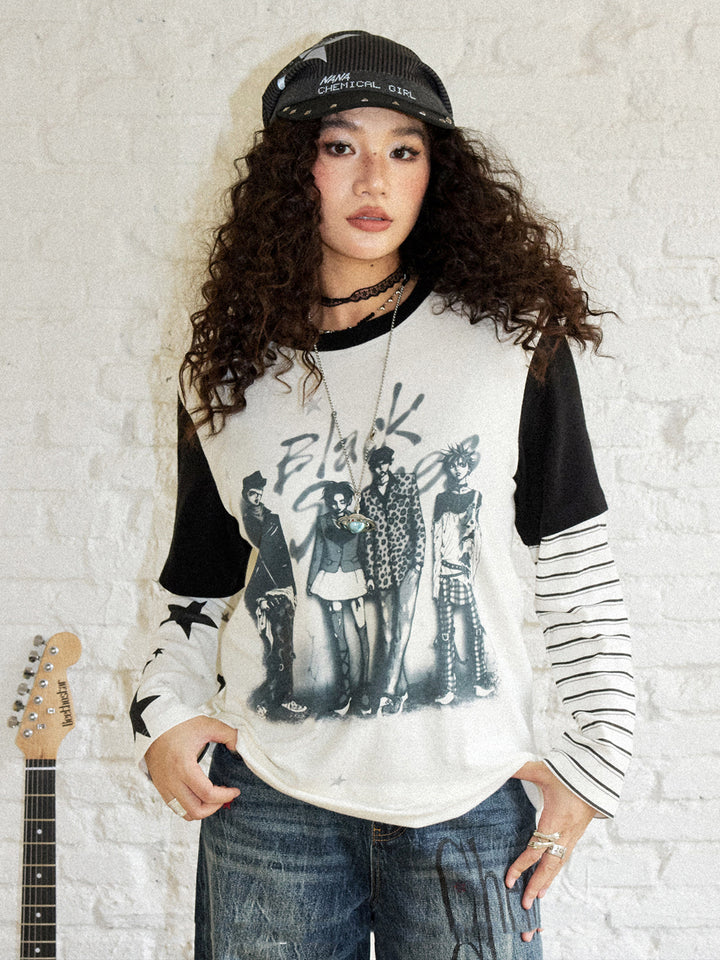 Punk Rock Manga Layered Sleeve Graphic Top