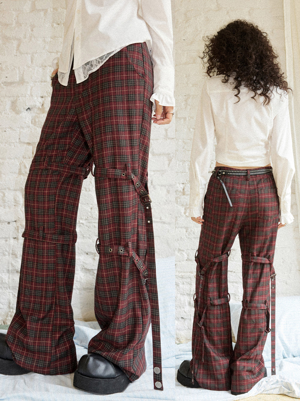 Punk Plaid Buckle Strap Wide-Leg Pants