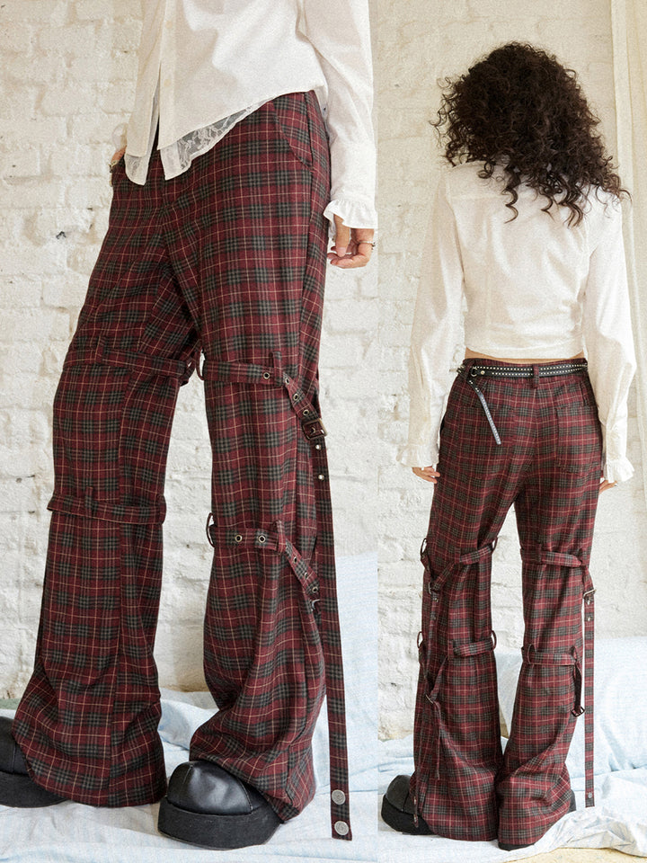 Punk Plaid Buckle Strap Wide-Leg Pants