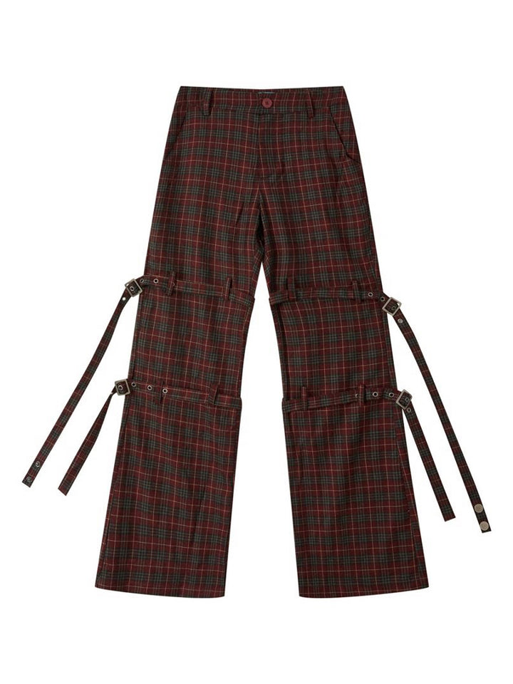 Punk Plaid Buckle Strap Wide-Leg Pants