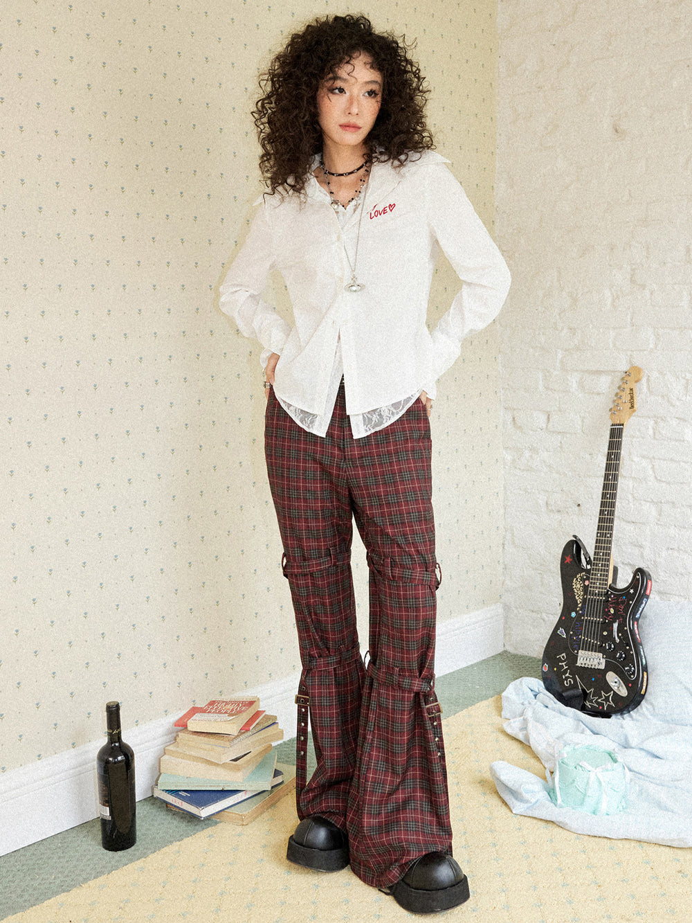 Punk Plaid Buckle Strap Wide-Leg Pants