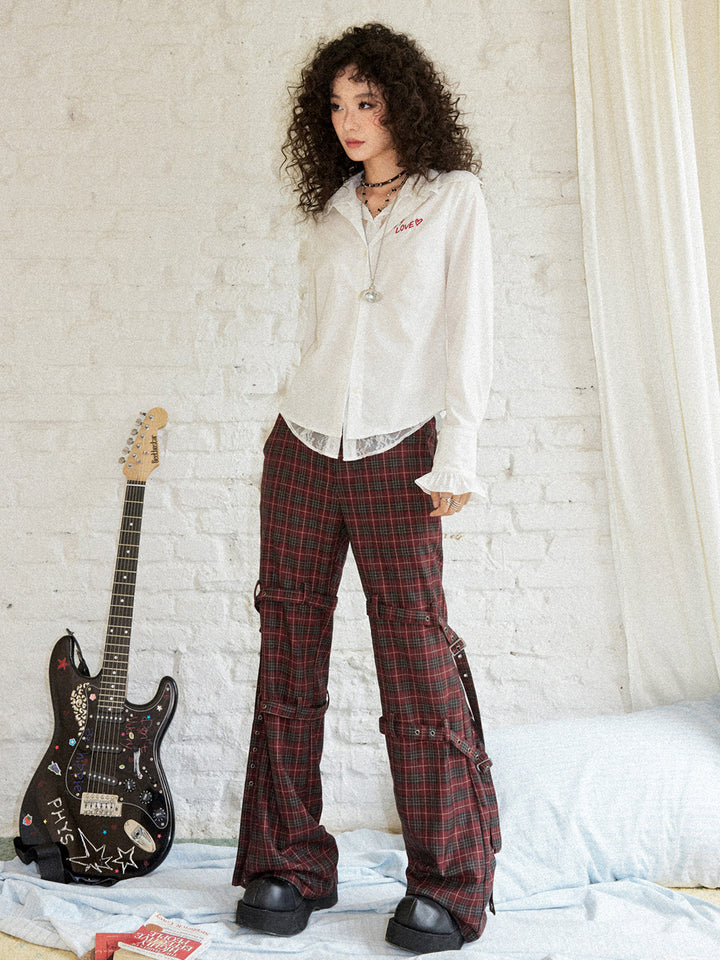 Punk Plaid Buckle Strap Wide-Leg Pants