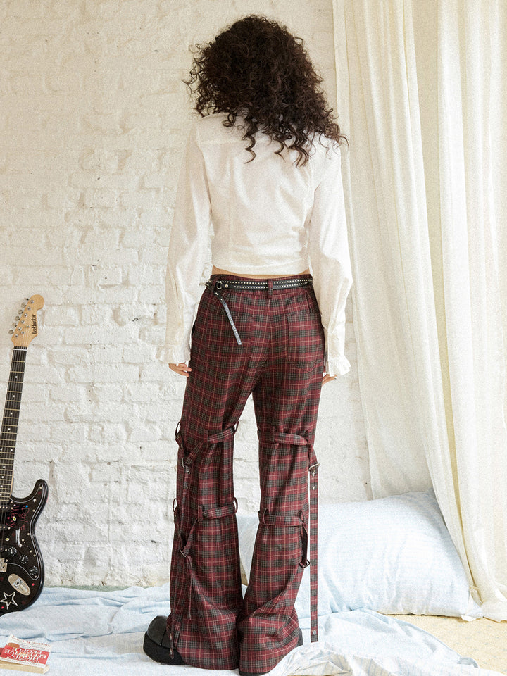 Punk Plaid Buckle Strap Wide-Leg Pants