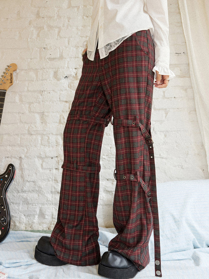 Punk Plaid Buckle Strap Wide-Leg Pants