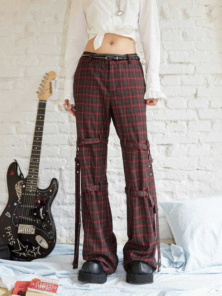 Punk Plaid Buckle Strap Wide-Leg Pants