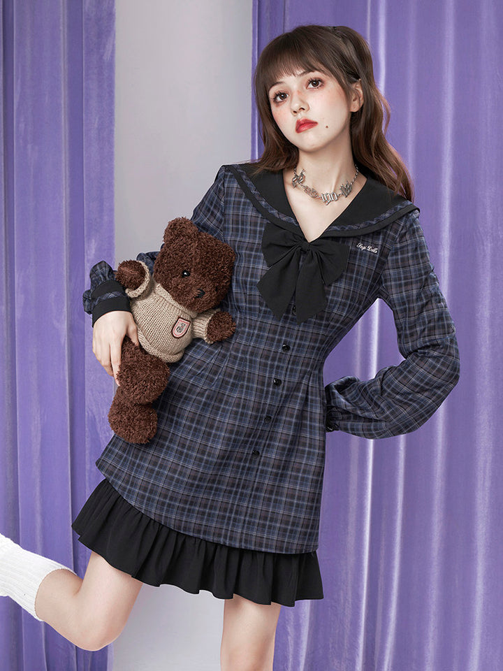 Plaid Sailor Collar Bow Mini Dress