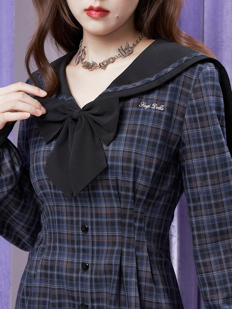 Plaid Sailor Collar Bow Mini Dress