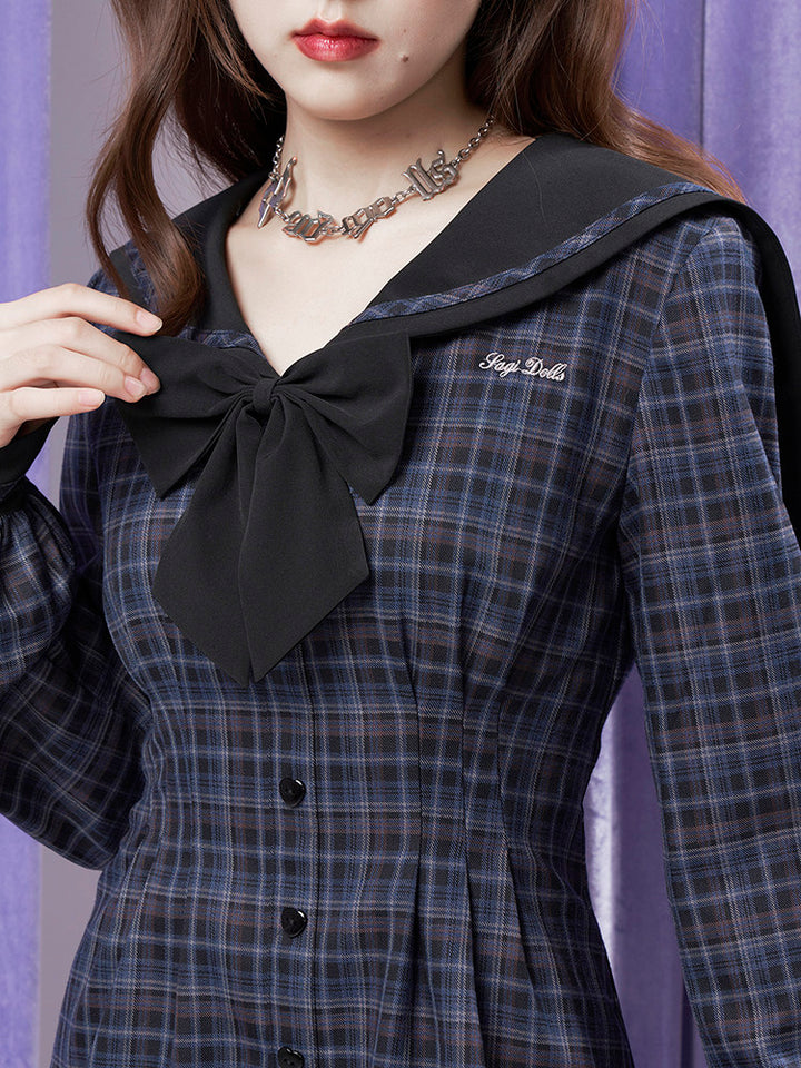 Plaid Sailor Collar Bow Mini Dress