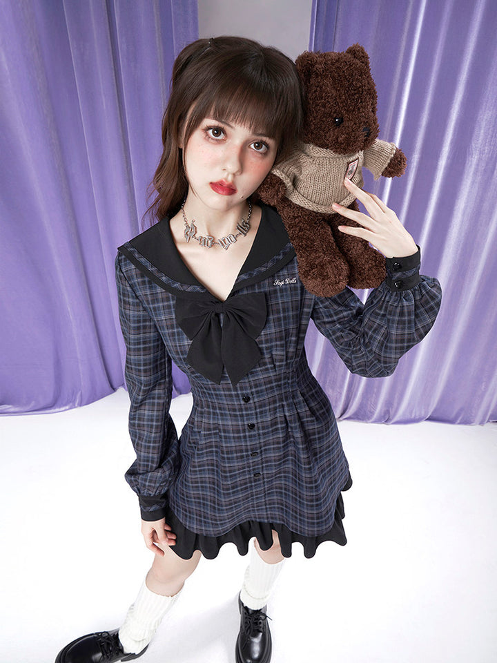 Plaid Sailor Collar Bow Mini Dress