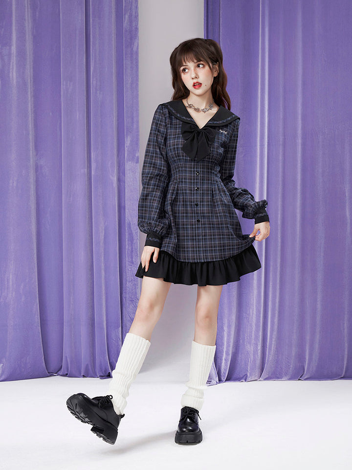Plaid Sailor Collar Bow Mini Dress